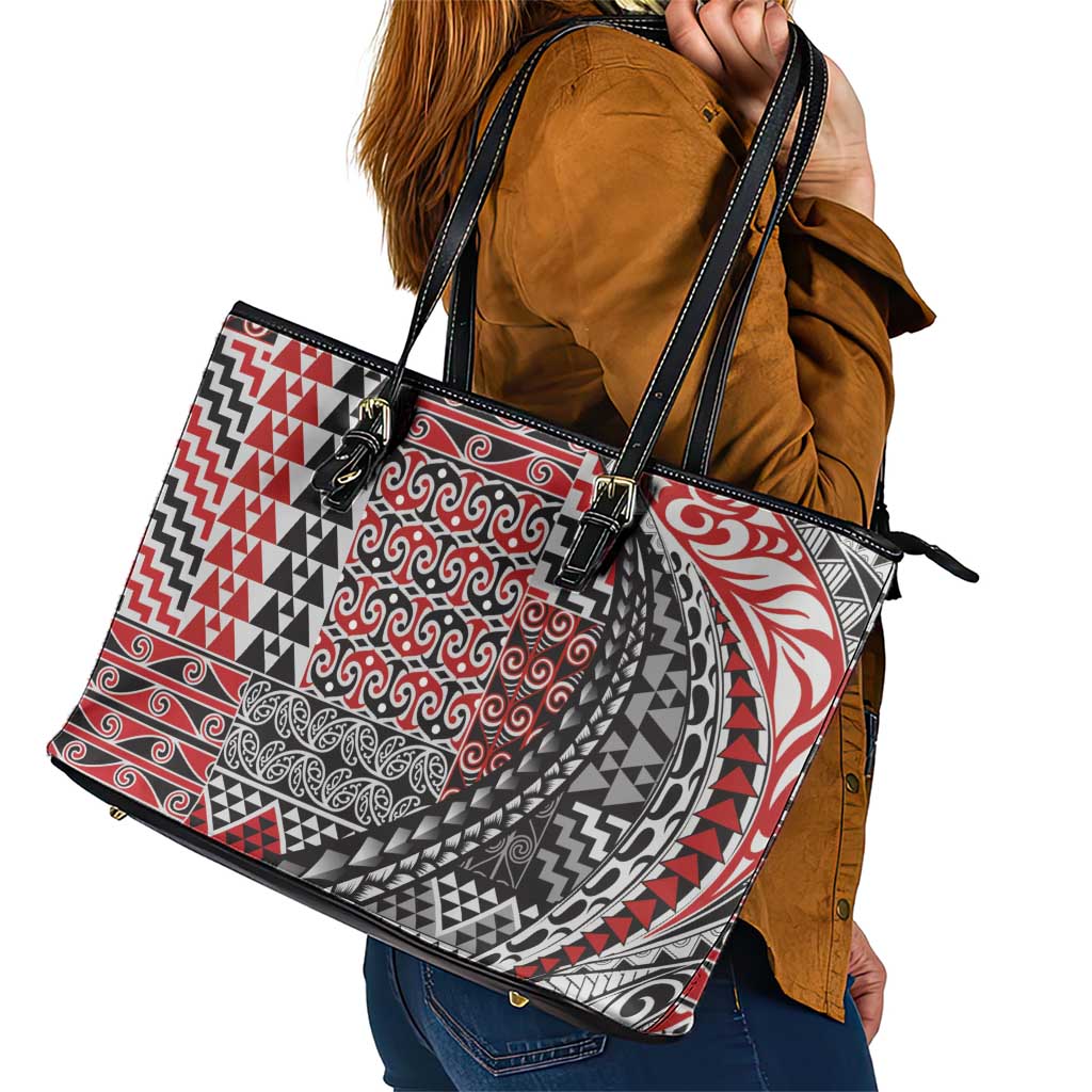 Aotearoa Maori Tribal Tattoo Leather Tote Bag Kowhaiwhai Taniko Patchwork Motifs