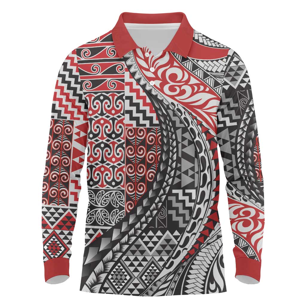 Aotearoa Maori Tribal Tattoo Long Sleeve Polo Shirt Kowhaiwhai Taniko Patchwork Motifs