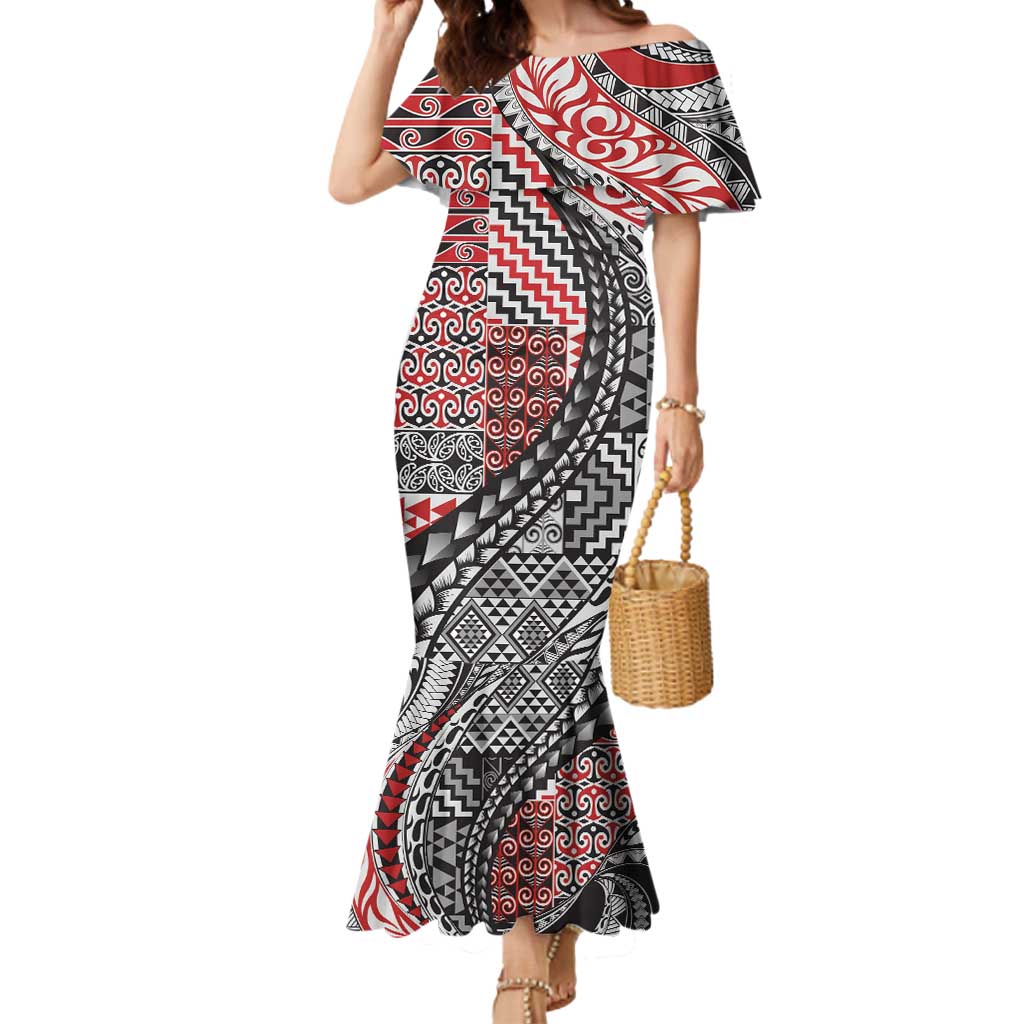 Aotearoa Maori Tribal Tattoo Mermaid Dress Kowhaiwhai Taniko Patchwork Motifs