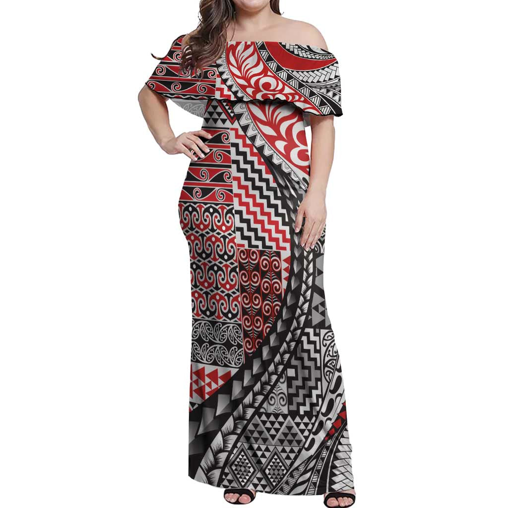 Aotearoa Maori Tribal Tattoo Off Shoulder Maxi Dress Kowhaiwhai Taniko Patchwork Motifs