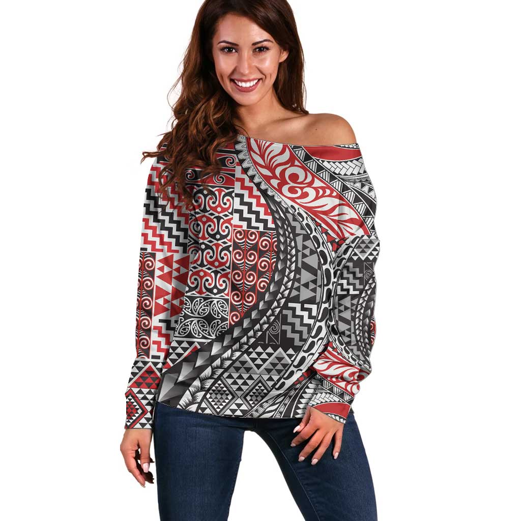 Aotearoa Maori Tribal Tattoo Off Shoulder Sweater Kowhaiwhai Taniko Patchwork Motifs