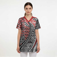 Aotearoa Maori Tribal Tattoo Scrub Top Kowhaiwhai Taniko Patchwork Motifs - Polynesian Pride