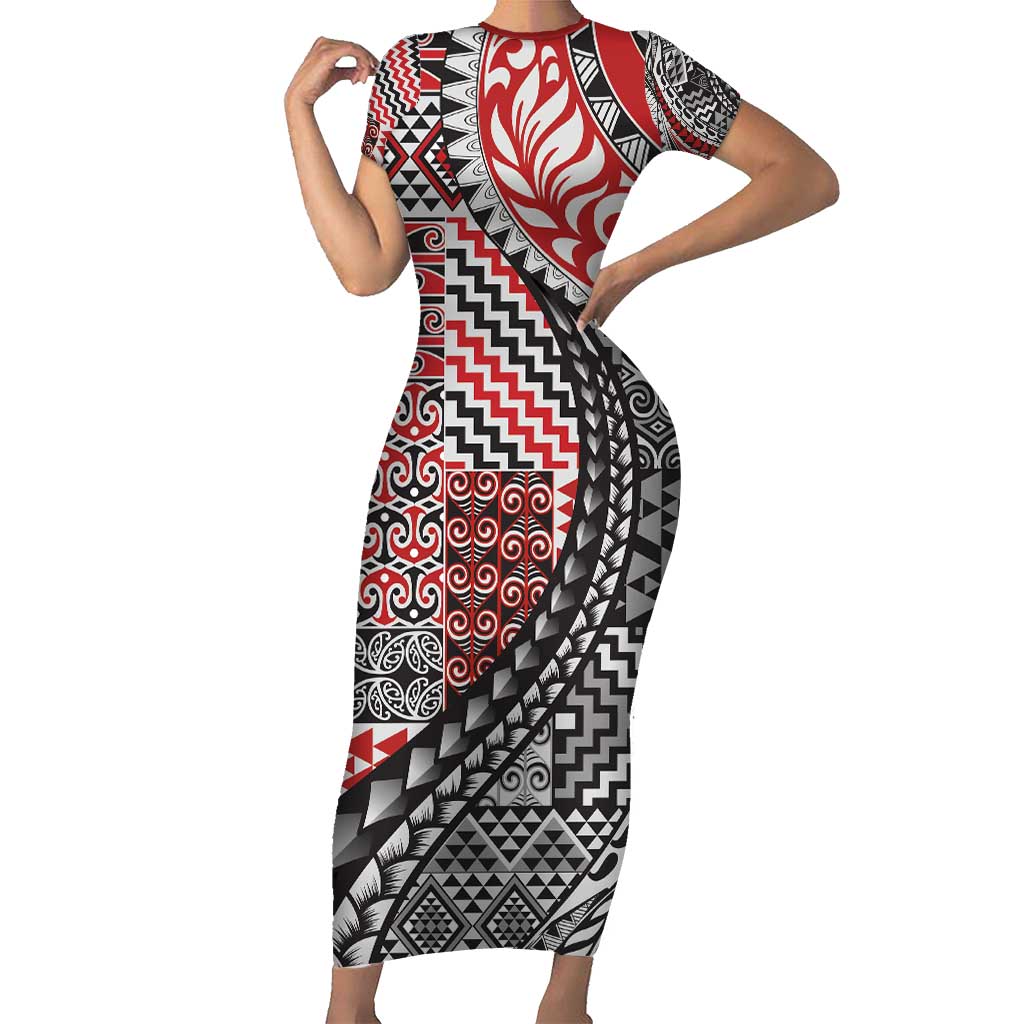 Aotearoa Maori Tribal Tattoo Short Sleeve Bodycon Dress Kowhaiwhai Taniko Patchwork Motifs