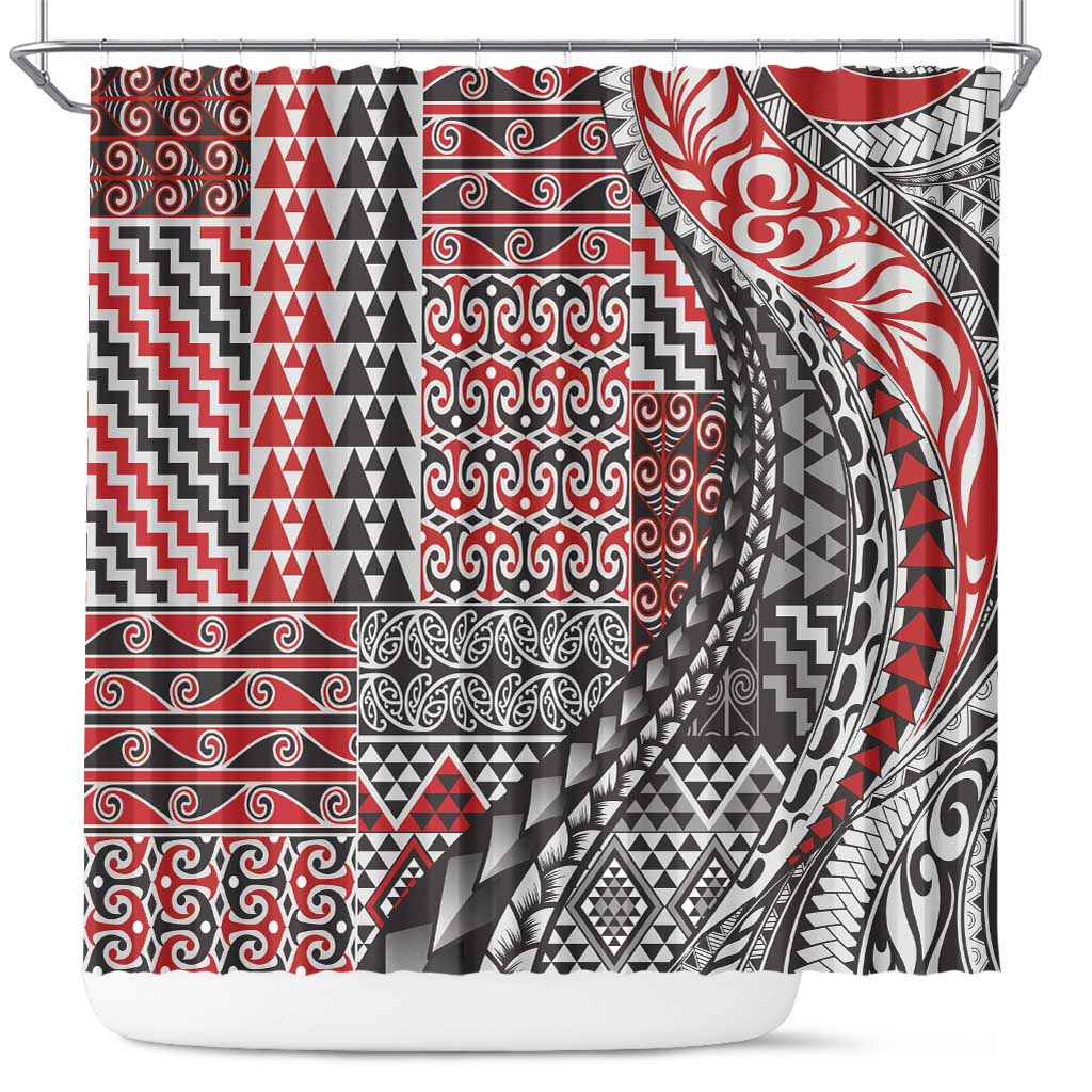 Aotearoa Maori Tribal Tattoo Shower Curtain Kowhaiwhai Taniko Patchwork Motifs