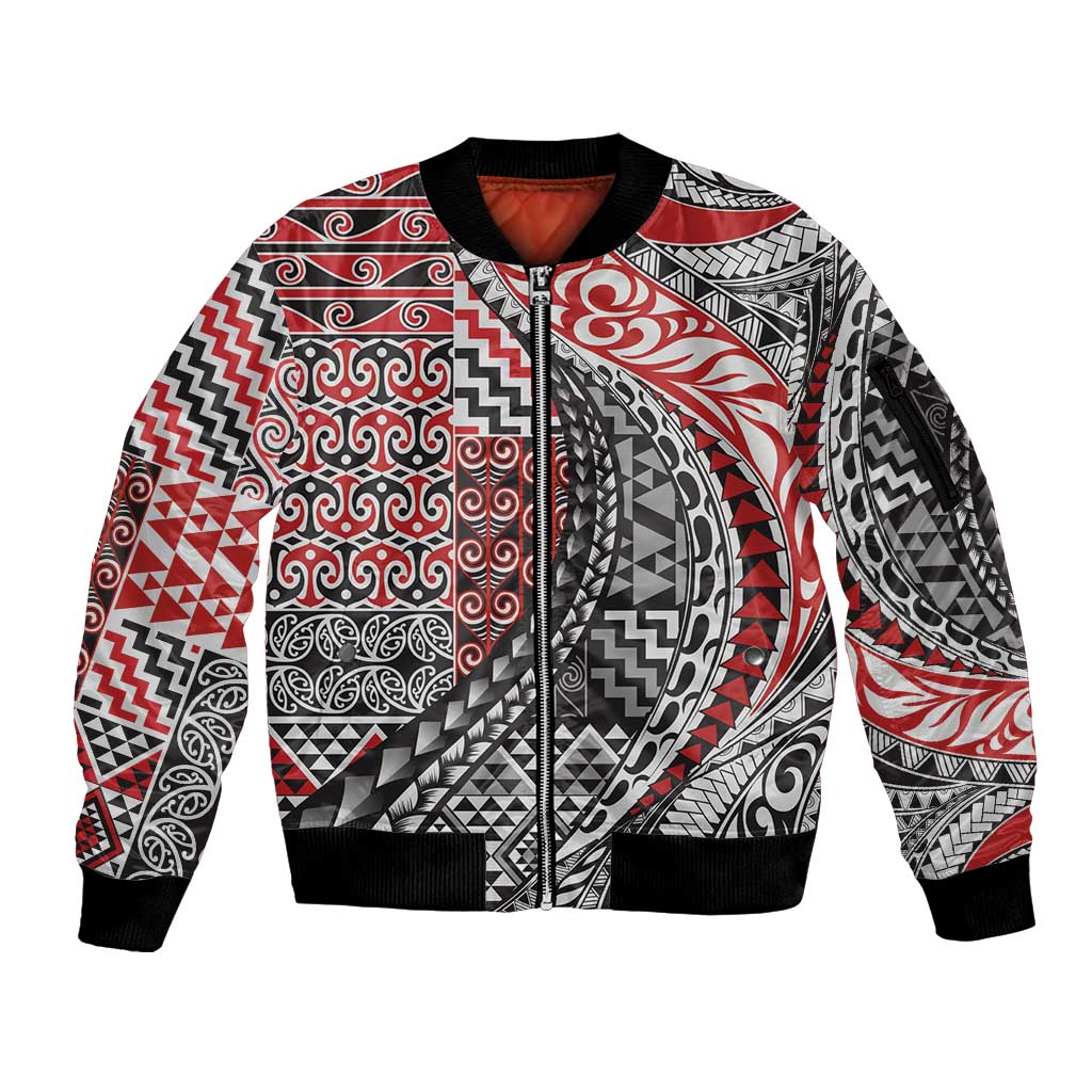 Aotearoa Maori Tribal Tattoo Sleeve Zip Bomber Jacket Kowhaiwhai Taniko Patchwork Motifs