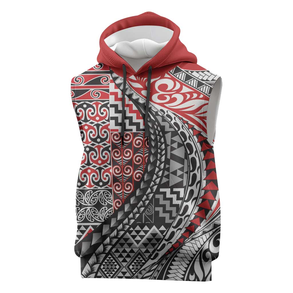 Aotearoa Maori Tribal Tattoo Sleeveless Hoodie Kowhaiwhai Taniko Patchwork Motifs - Polynesian Pride