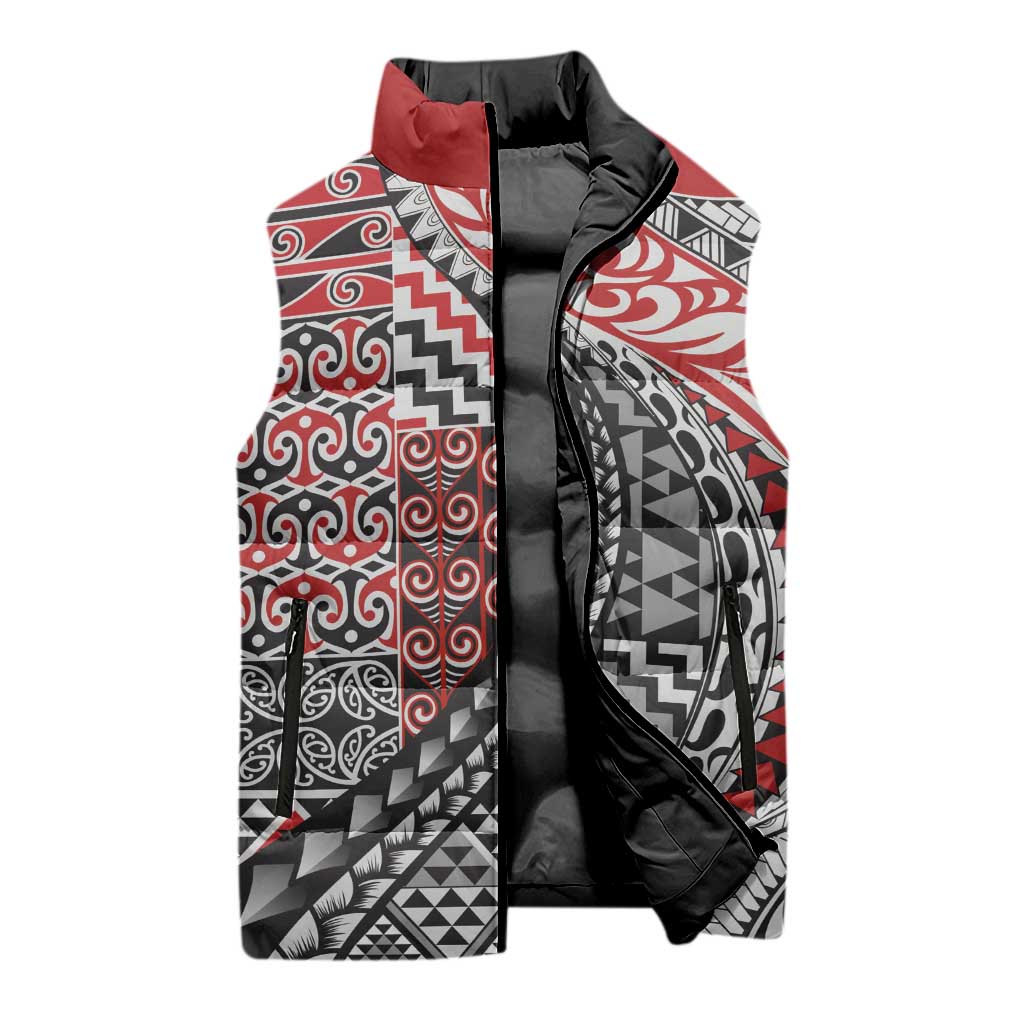Aotearoa Maori Tribal Tattoo Sleeveless Puffer Jacket Kowhaiwhai Taniko Patchwork Motifs - Polynesian Pride