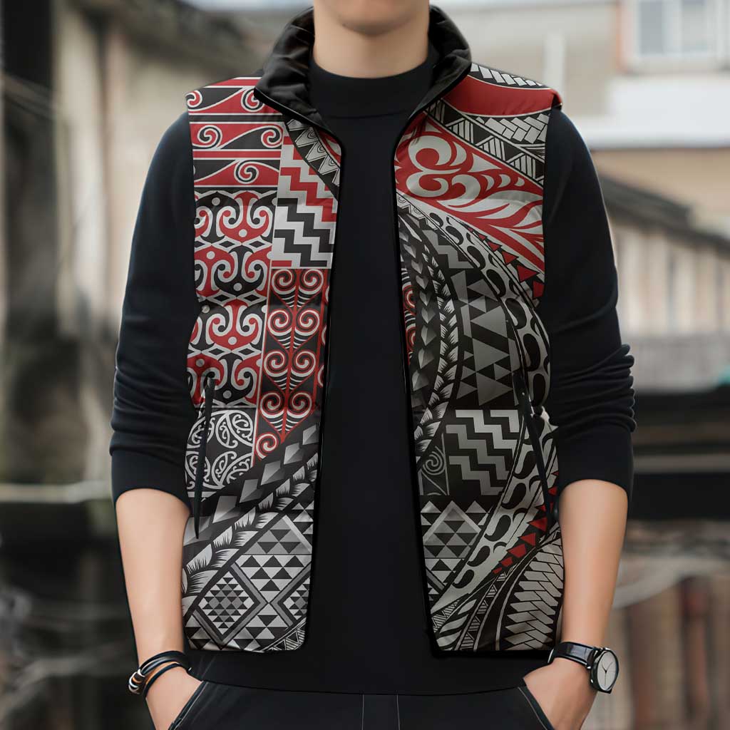 Aotearoa Maori Tribal Tattoo Sleeveless Puffer Jacket Kowhaiwhai Taniko Patchwork Motifs - Polynesian Pride