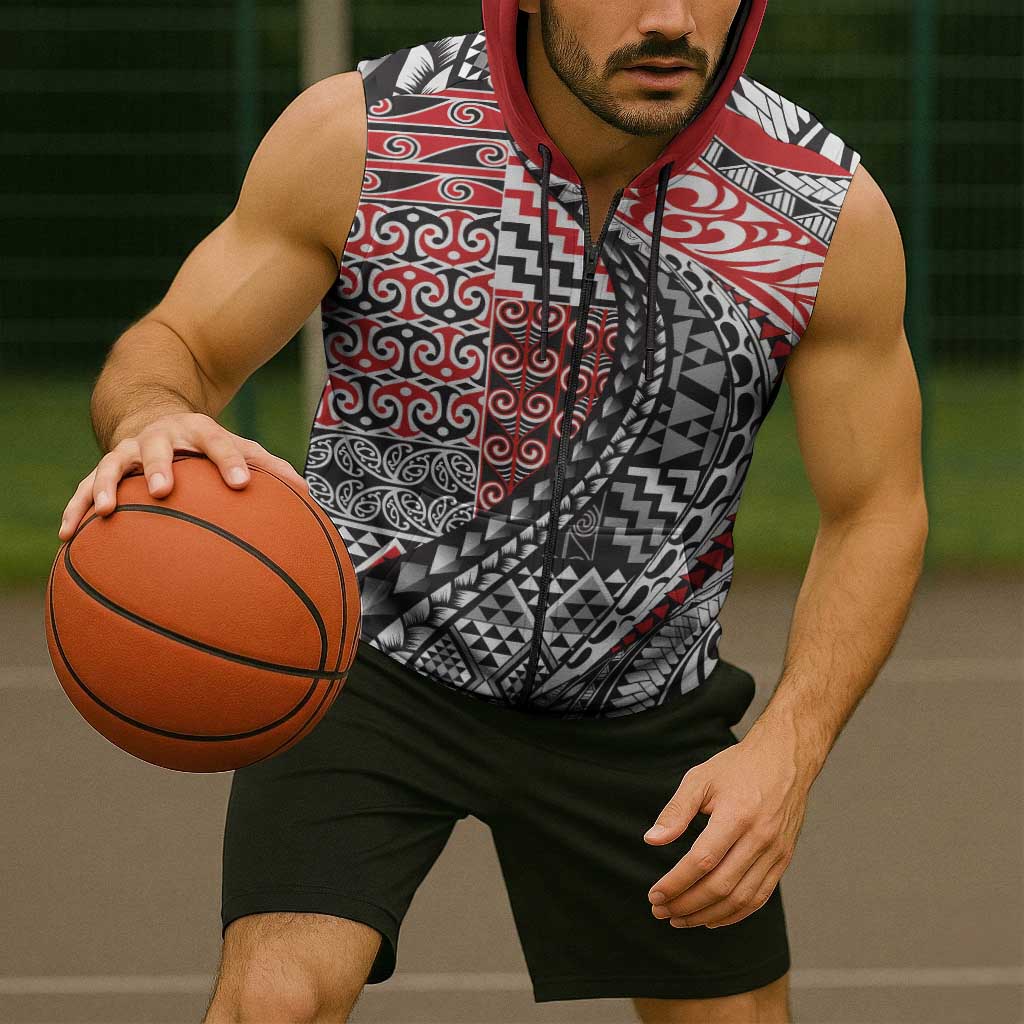 Aotearoa Maori Tribal Tattoo Sleeveless Zip Hoodie Kowhaiwhai Taniko Patchwork Motifs LT9