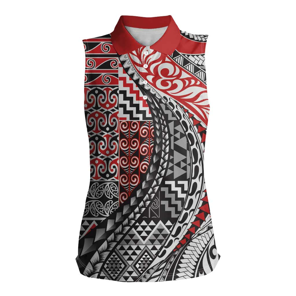 Aotearoa Maori Tribal Tattoo Women Sleeveless Polo Shirt Kowhaiwhai Taniko Patchwork Motifs