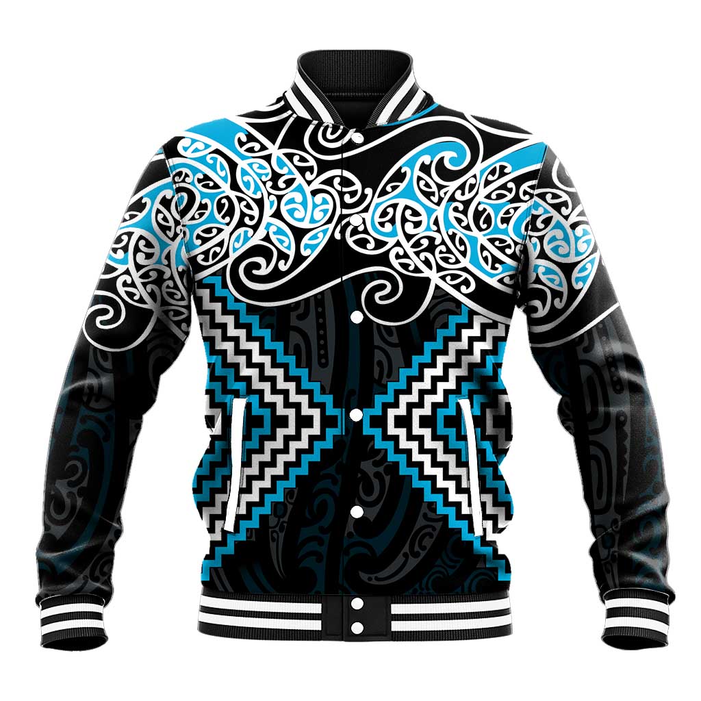 Blue Aotearoa Tukutuku Manawa Tapu Baseball Jacket Ta Moko Toi Maori