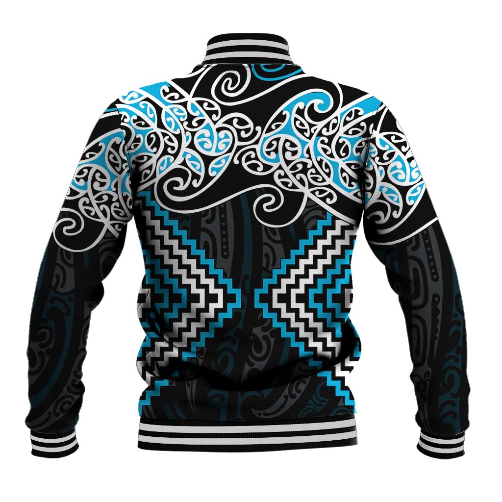 Blue Aotearoa Tukutuku Manawa Tapu Baseball Jacket Ta Moko Toi Maori
