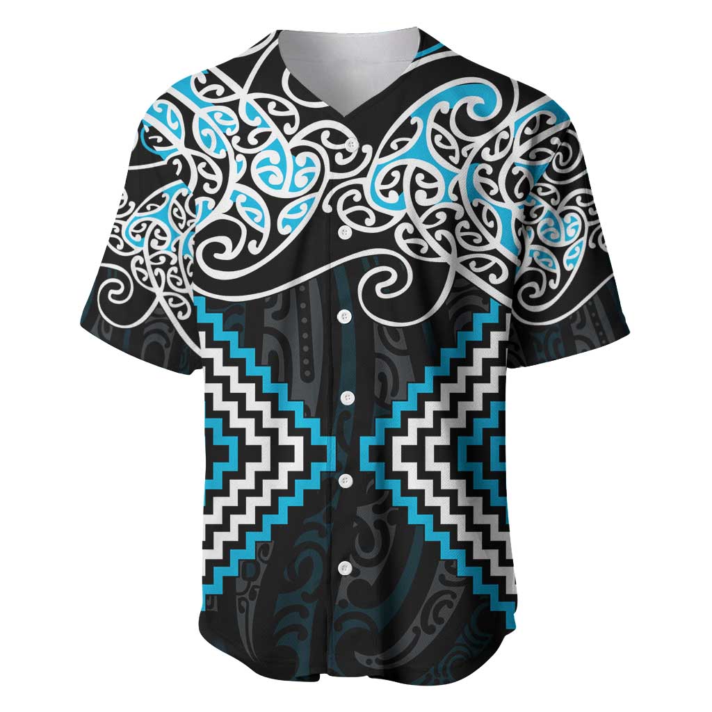 Blue Aotearoa Tukutuku Manawa Tapu Baseball Jersey Ta Moko Toi Maori