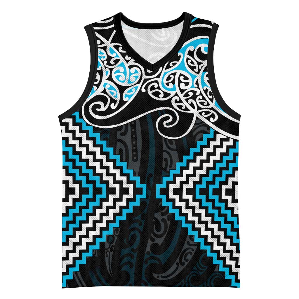 Blue Aotearoa Tukutuku Manawa Tapu Basketball Jersey Ta Moko Toi Maori - Polynesian Pride