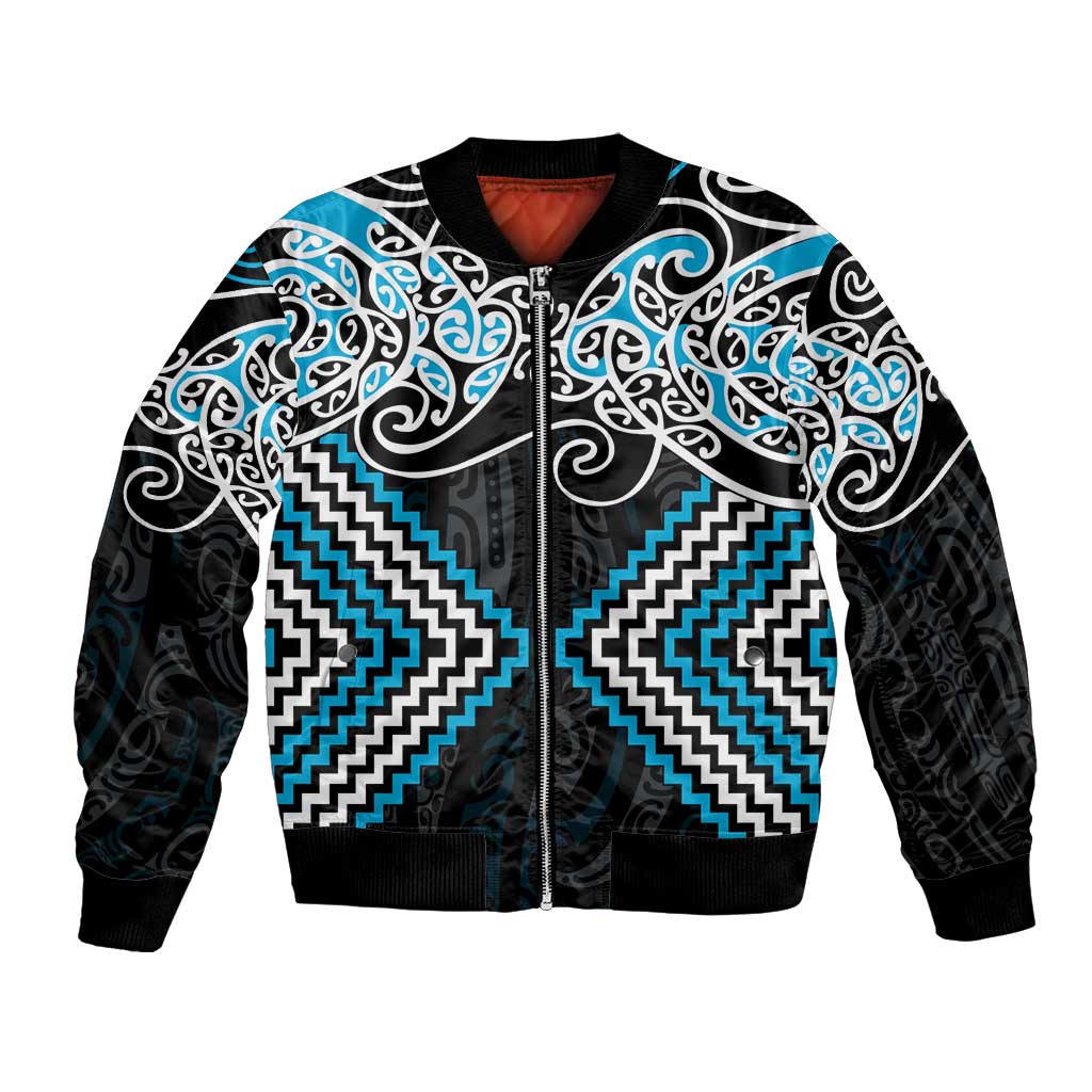 Blue Aotearoa Tukutuku Manawa Tapu Bomber Jacket Ta Moko Toi Maori