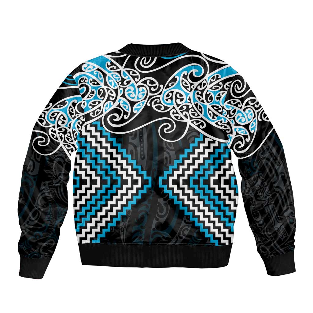 Blue Aotearoa Tukutuku Manawa Tapu Bomber Jacket Ta Moko Toi Maori LT9 - Polynesian Pride