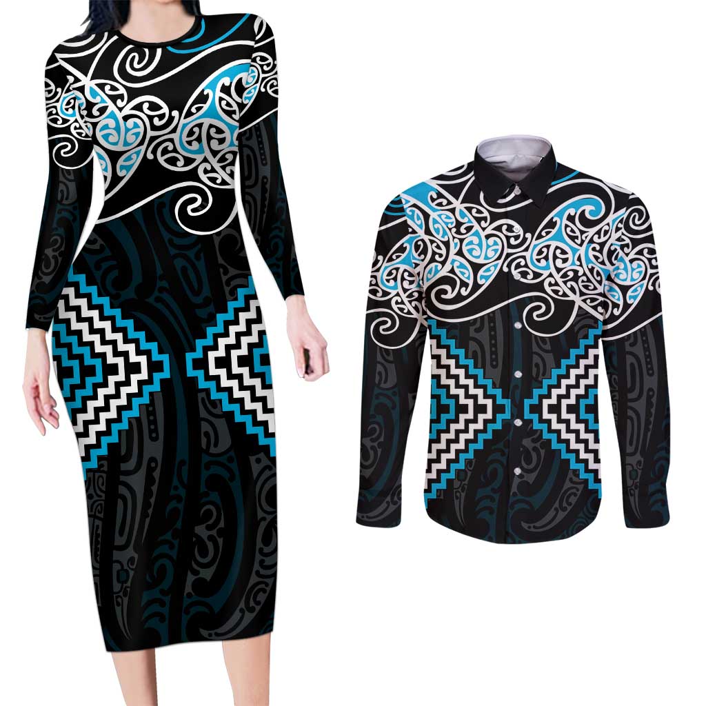 Blue Aotearoa Tukutuku Manawa Tapu Couples Matching Long Sleeve Bodycon Dress and Long Sleeve Button Shirt Ta Moko Toi Maori