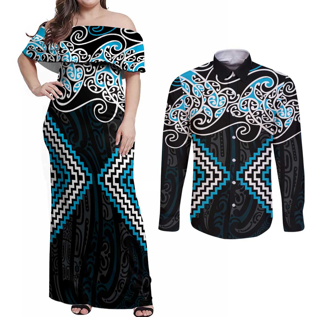 Blue Aotearoa Tukutuku Manawa Tapu Couples Matching Off Shoulder Maxi Dress and Long Sleeve Button Shirt Ta Moko Toi Maori