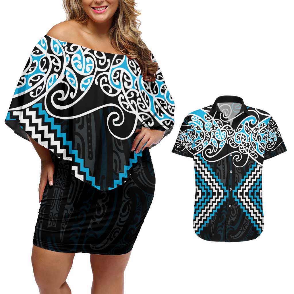 Blue Aotearoa Tukutuku Manawa Tapu Couples Matching Off Shoulder Short Dress and Hawaiian Shirt Ta Moko Toi Maori