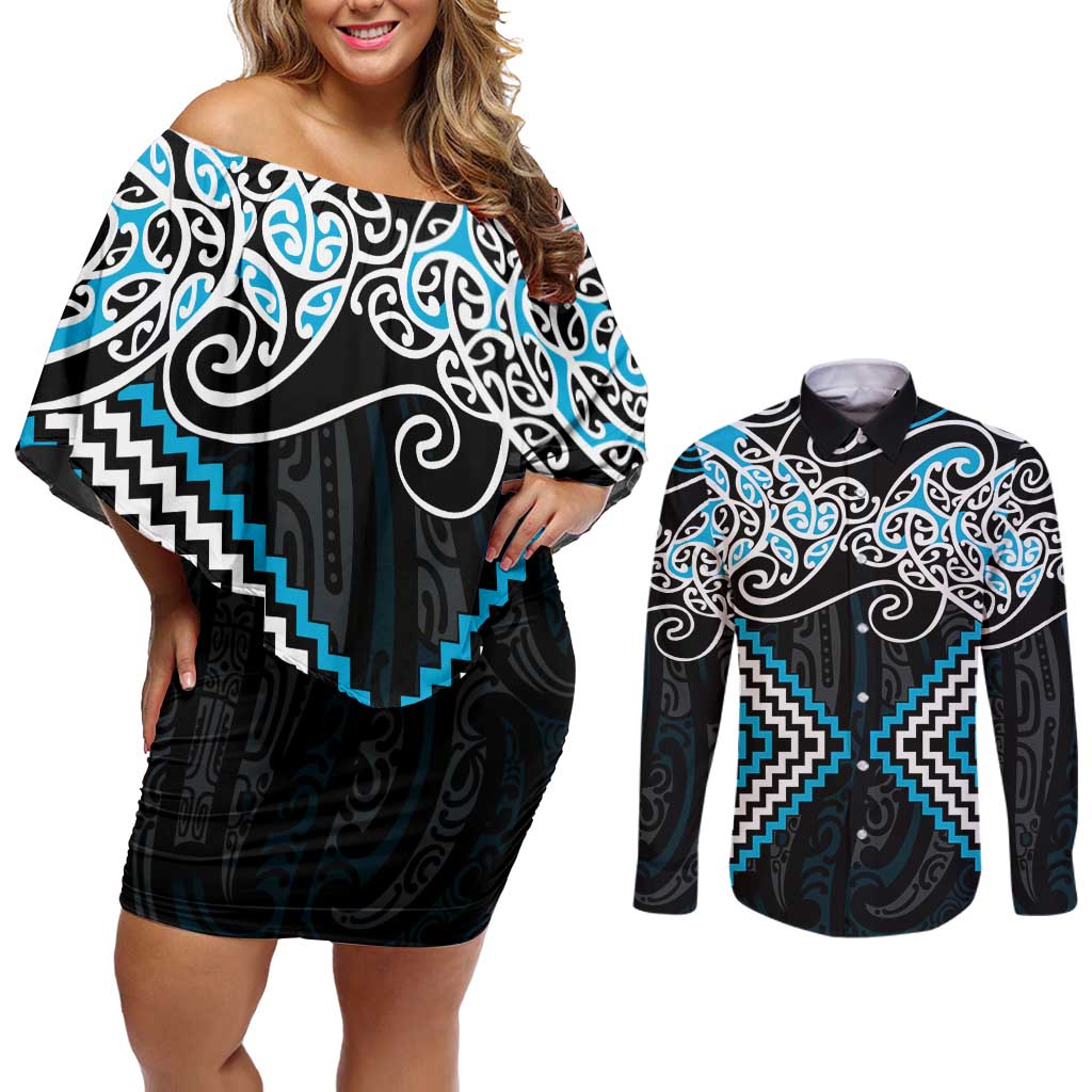 Blue Aotearoa Tukutuku Manawa Tapu Couples Matching Off Shoulder Short Dress and Long Sleeve Button Shirt Ta Moko Toi Maori