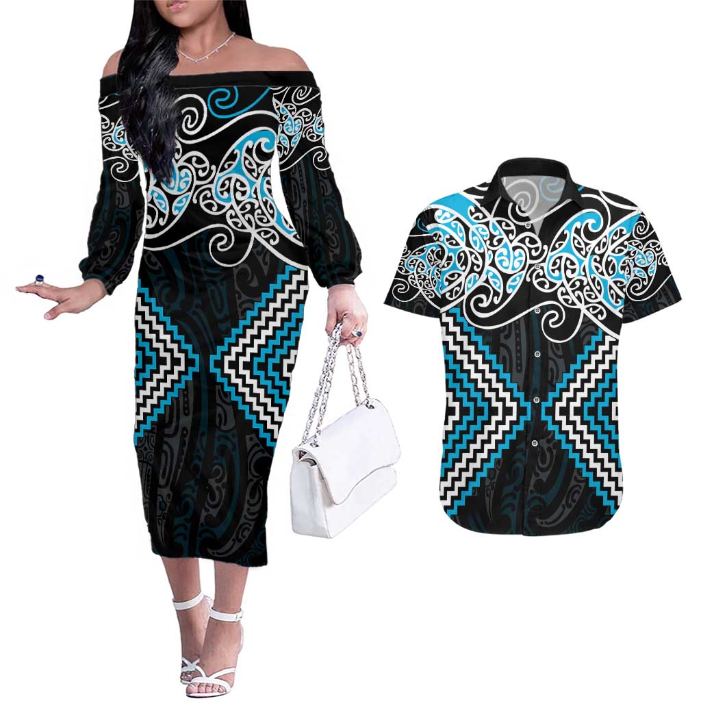 Blue Aotearoa Tukutuku Manawa Tapu Couples Matching Off The Shoulder Long Sleeve Dress and Hawaiian Shirt Ta Moko Toi Maori