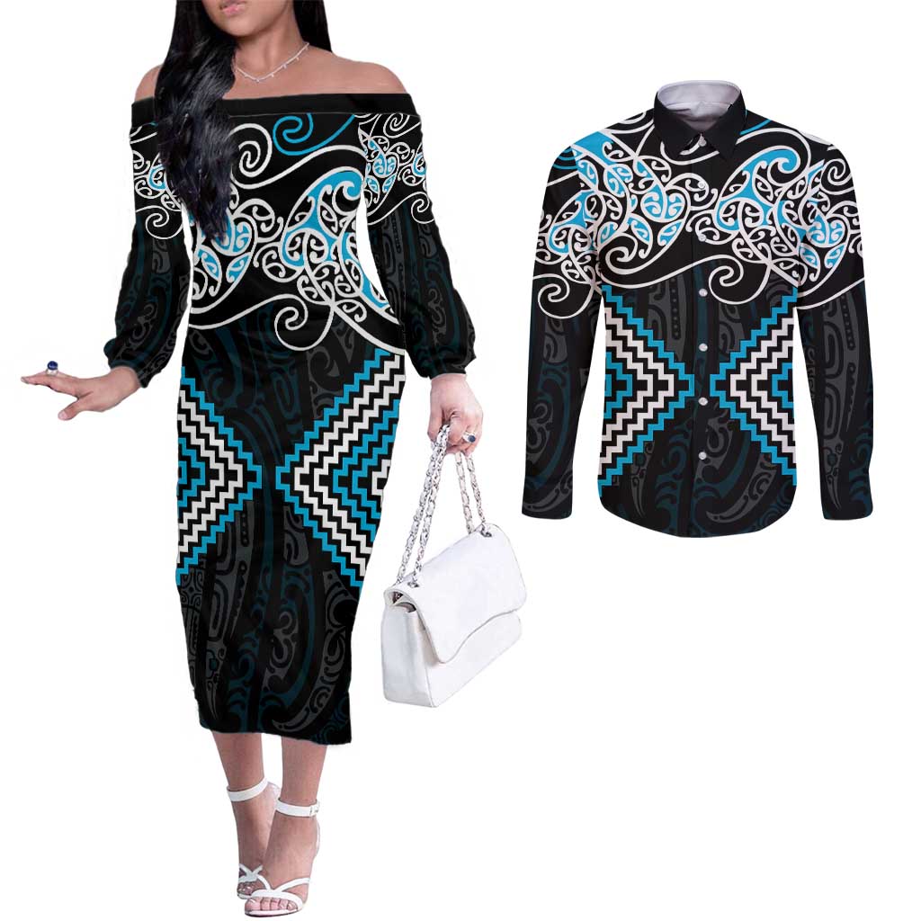 Blue Aotearoa Tukutuku Manawa Tapu Couples Matching Off The Shoulder Long Sleeve Dress and Long Sleeve Button Shirt Ta Moko Toi Maori