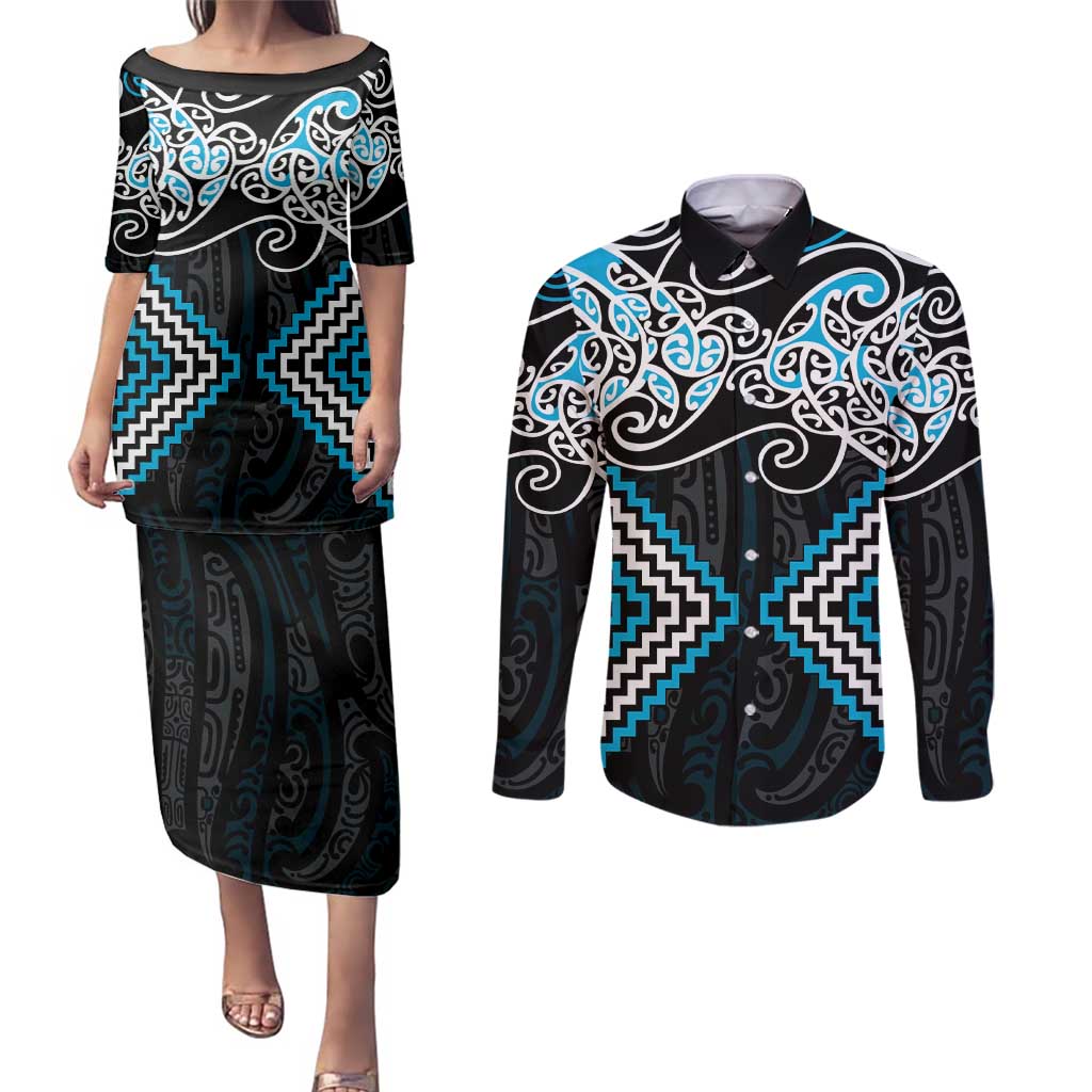 Blue Aotearoa Tukutuku Manawa Tapu Couples Matching Puletasi and Long Sleeve Button Shirt Ta Moko Toi Maori