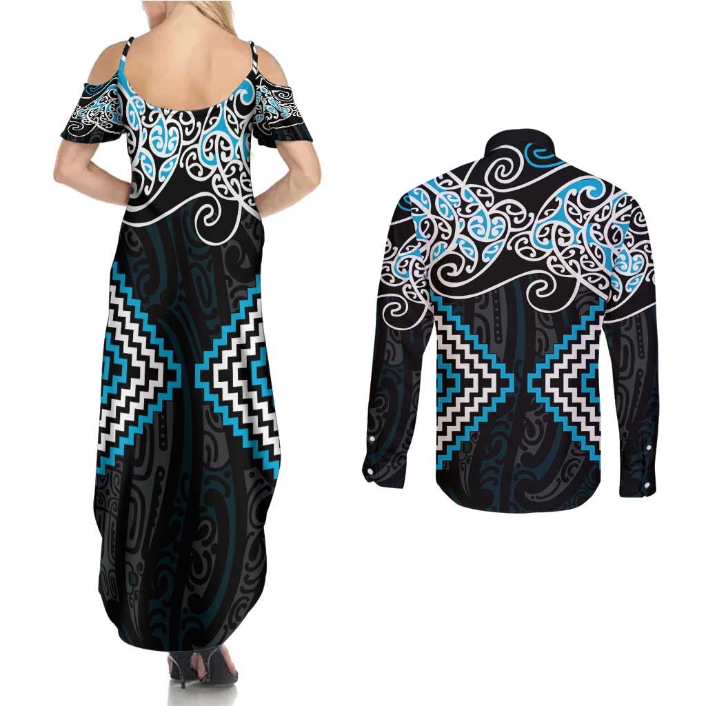 Blue Aotearoa Tukutuku Manawa Tapu Couples Matching Summer Maxi Dress and Long Sleeve Button Shirt Ta Moko Toi Maori LT9 - Polynesian Pride