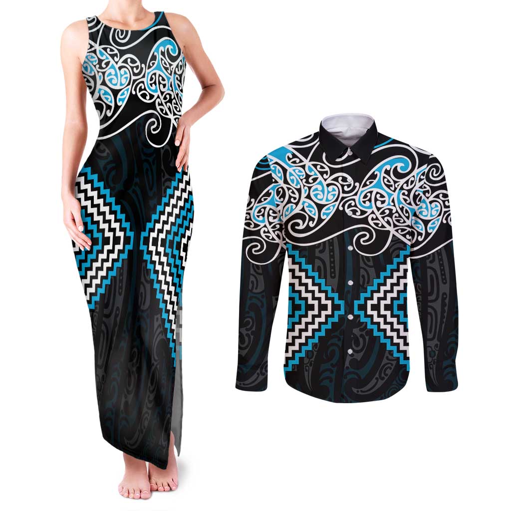 Blue Aotearoa Tukutuku Manawa Tapu Couples Matching Tank Maxi Dress and Long Sleeve Button Shirt Ta Moko Toi Maori