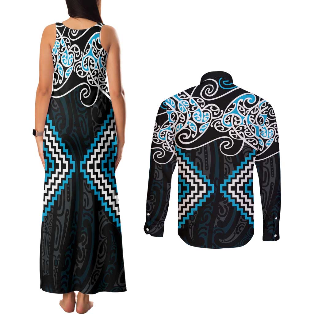 Blue Aotearoa Tukutuku Manawa Tapu Couples Matching Tank Maxi Dress and Long Sleeve Button Shirt Ta Moko Toi Maori LT9 - Polynesian Pride