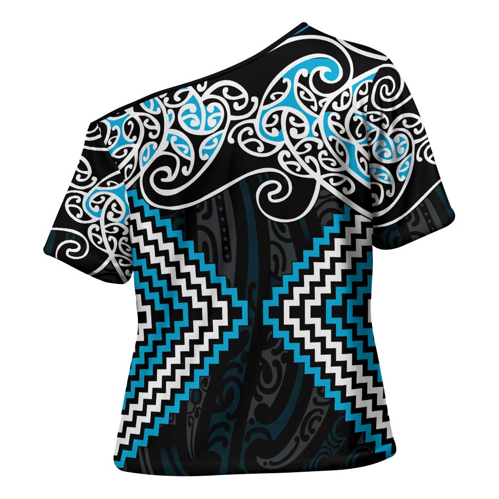 Blue Aotearoa Tukutuku Manawa Tapu Cross Shoulder Shirt Ta Moko Toi Maori - Polynesian Pride