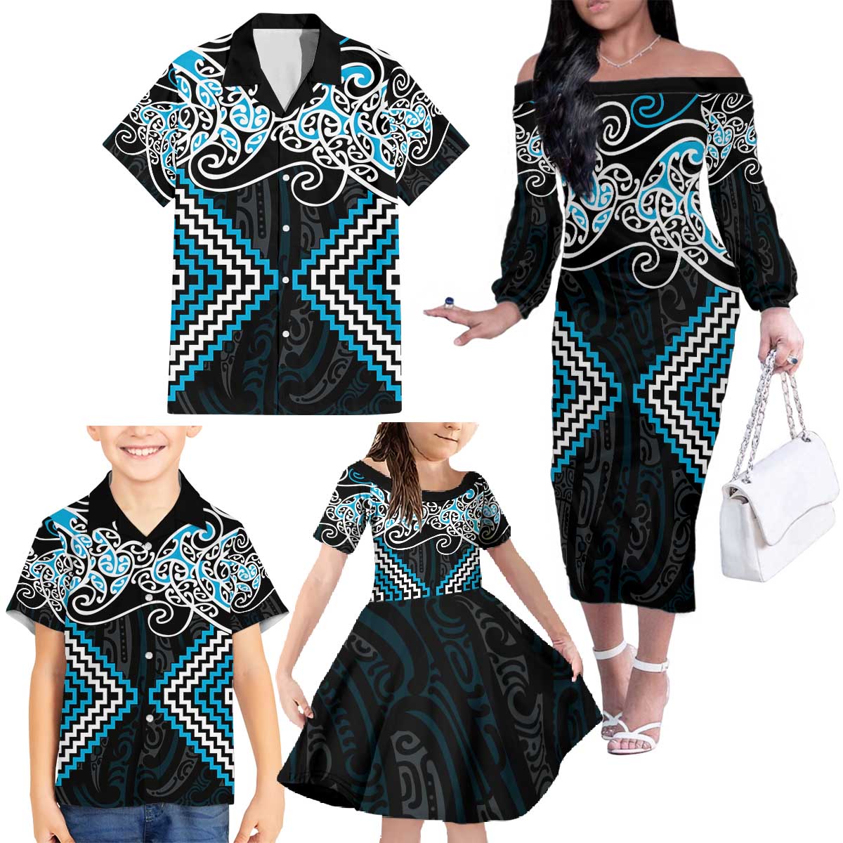 Blue Aotearoa Tukutuku Manawa Tapu Family Matching Off The Shoulder Long Sleeve Dress and Hawaiian Shirt Ta Moko Toi Maori