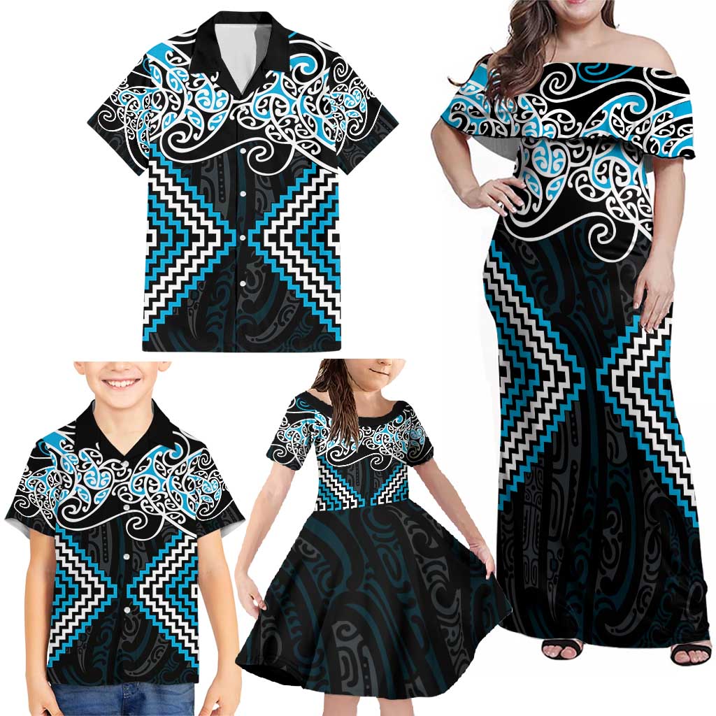 Blue Aotearoa Tukutuku Manawa Tapu Family Matching Off Shoulder Maxi Dress and Hawaiian Shirt Ta Moko Toi Maori