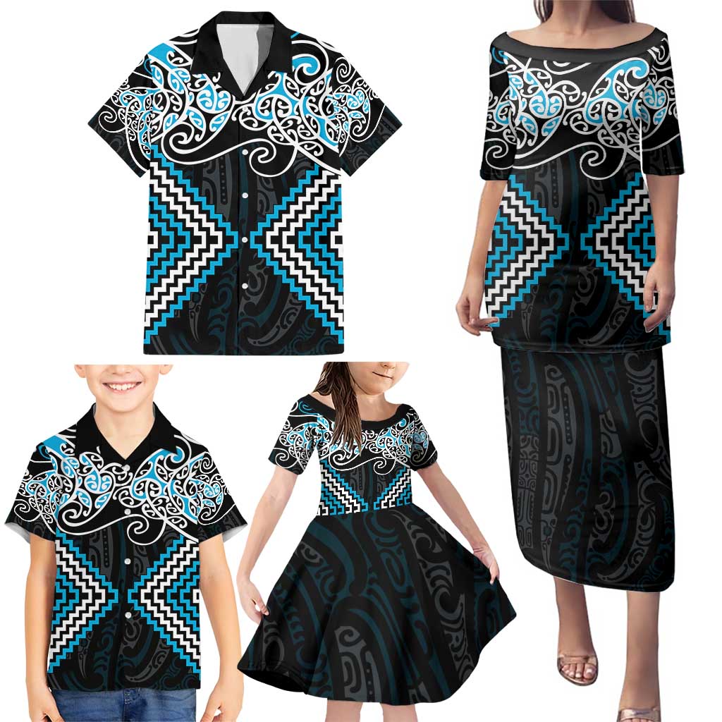 Blue Aotearoa Tukutuku Manawa Tapu Family Matching Puletasi and Hawaiian Shirt Ta Moko Toi Maori