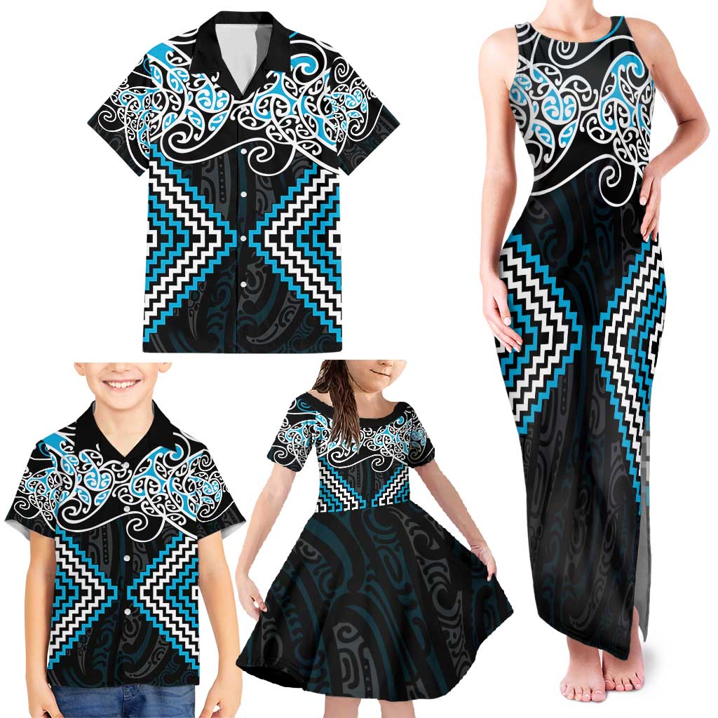 Blue Aotearoa Tukutuku Manawa Tapu Family Matching Tank Maxi Dress and Hawaiian Shirt Ta Moko Toi Maori