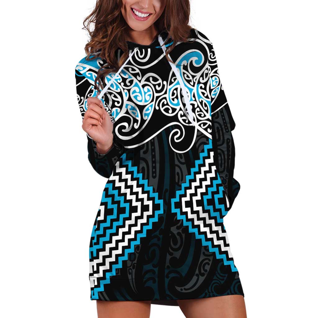 Blue Aotearoa Tukutuku Manawa Tapu Hoodie Dress Ta Moko Toi Maori