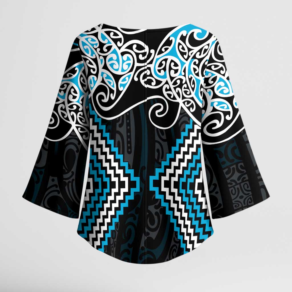 Blue Aotearoa Tukutuku Manawa Tapu Kimono Sleeve Blouse Ta Moko Toi Maori - Polynesian Pride