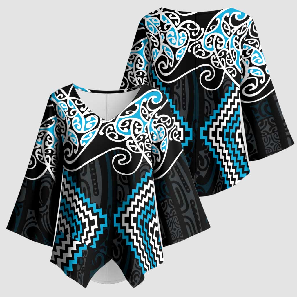 Blue Aotearoa Tukutuku Manawa Tapu Kimono Sleeve Blouse Ta Moko Toi Maori - Polynesian Pride