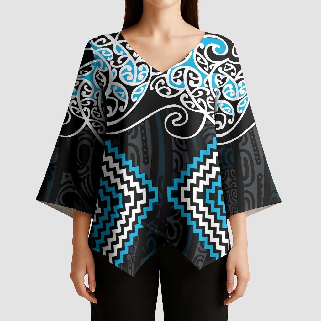 Blue Aotearoa Tukutuku Manawa Tapu Kimono Sleeve Blouse Ta Moko Toi Maori - Polynesian Pride