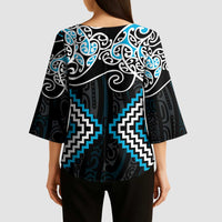 Blue Aotearoa Tukutuku Manawa Tapu Kimono Sleeve Blouse Ta Moko Toi Maori - Polynesian Pride