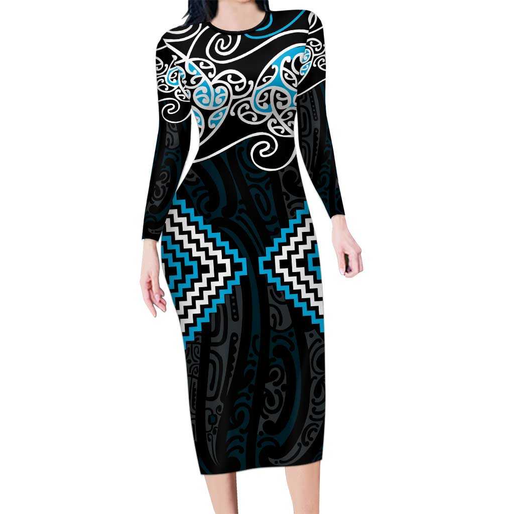 Blue Aotearoa Tukutuku Manawa Tapu Long Sleeve Bodycon Dress Ta Moko Toi Maori