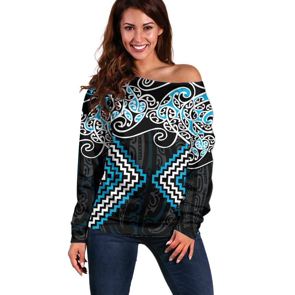 Blue Aotearoa Tukutuku Manawa Tapu Off Shoulder Sweater Ta Moko Toi Maori