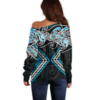 Blue Aotearoa Tukutuku Manawa Tapu Off Shoulder Sweater Ta Moko Toi Maori