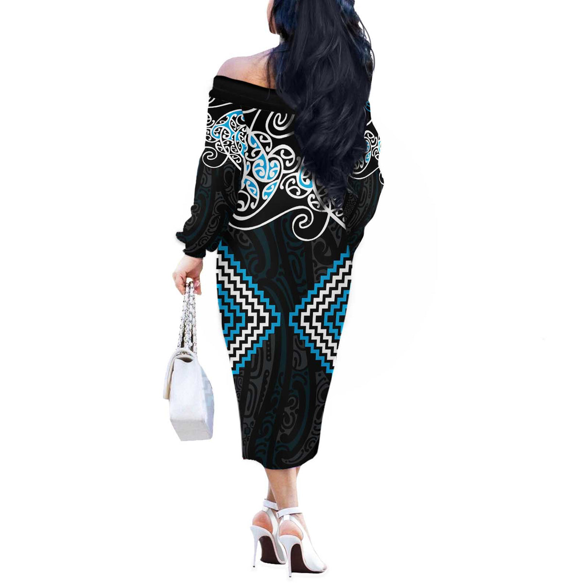 Blue Aotearoa Tukutuku Manawa Tapu Off The Shoulder Long Sleeve Dress Ta Moko Toi Maori LT9 - Polynesian Pride