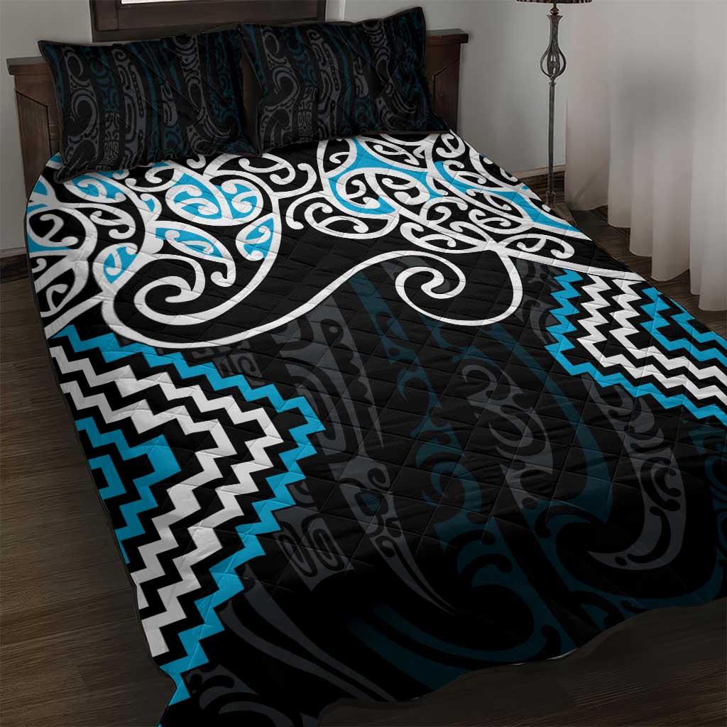 Blue Aotearoa Tukutuku Manawa Tapu Quilt Bed Set Ta Moko Toi Maori