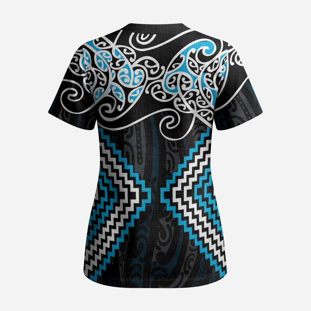 Blue Aotearoa Tukutuku Manawa Tapu Scrub Top Ta Moko Toi Maori - Polynesian Pride