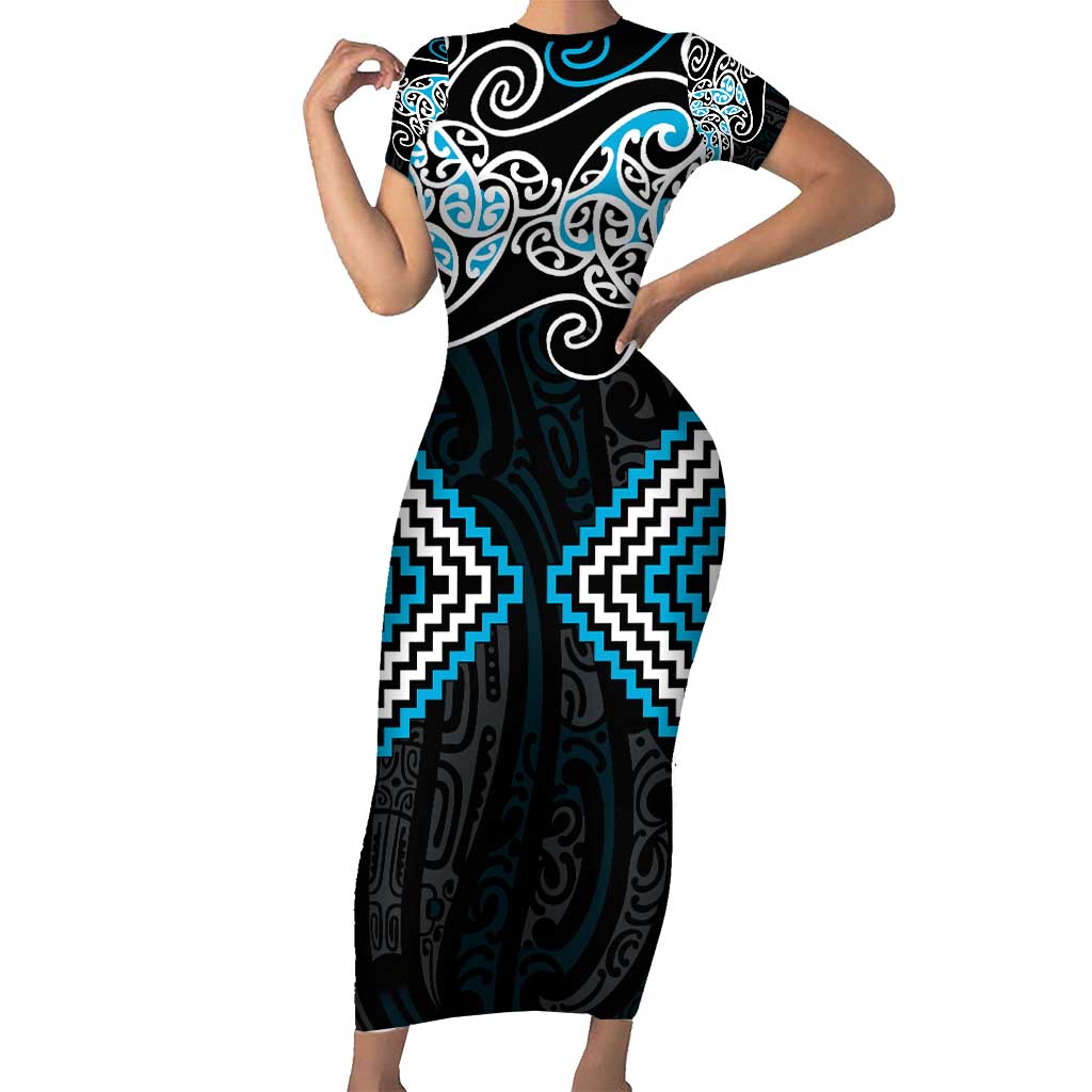 Blue Aotearoa Tukutuku Manawa Tapu Short Sleeve Bodycon Dress Ta Moko Toi Maori