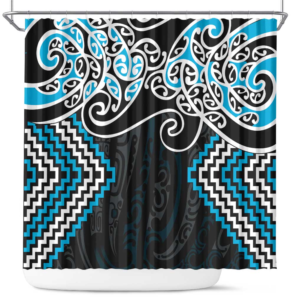 Blue Aotearoa Tukutuku Manawa Tapu Shower Curtain Ta Moko Toi Maori