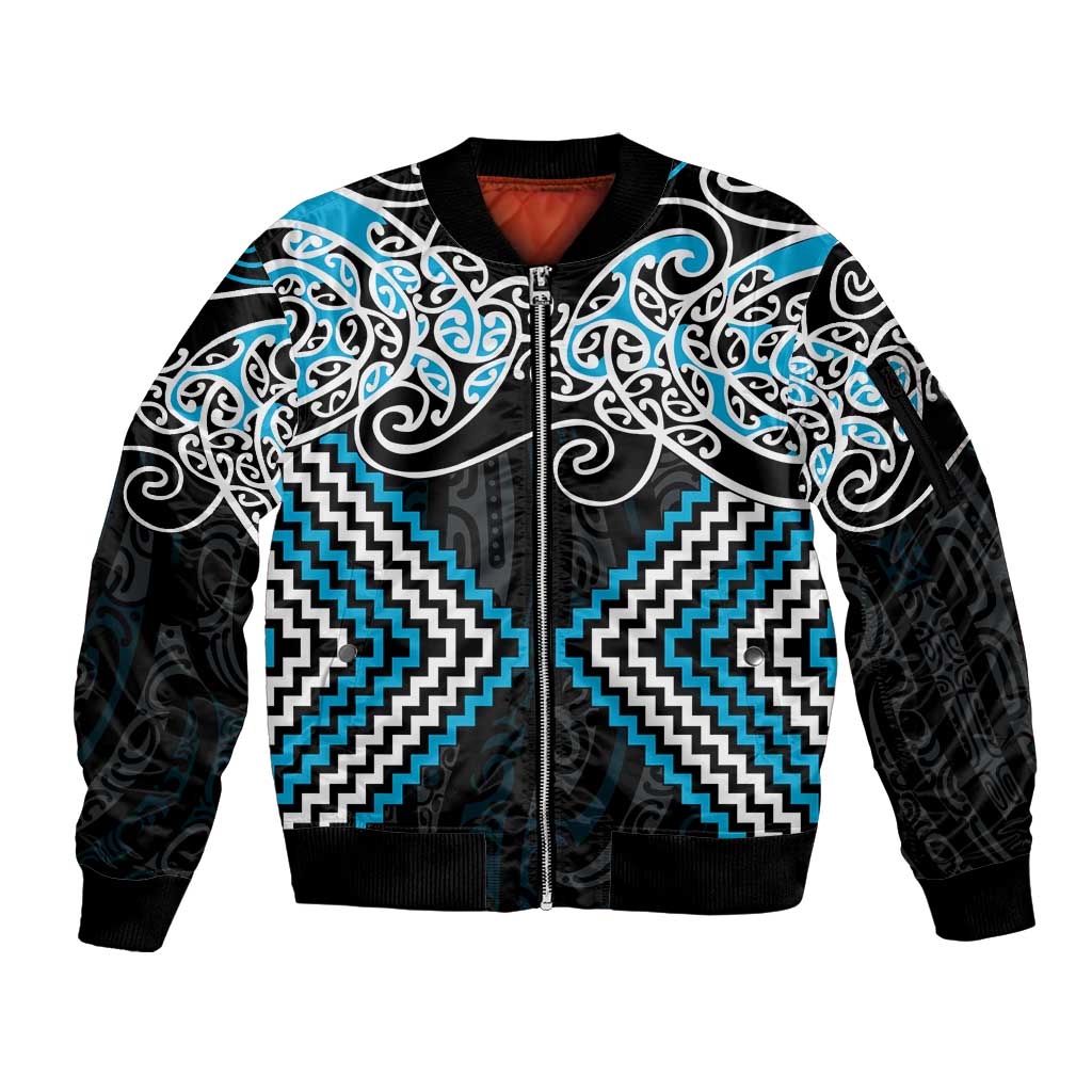 Blue Aotearoa Tukutuku Manawa Tapu Sleeve Zip Bomber Jacket Ta Moko Toi Maori