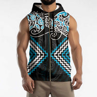 Blue Aotearoa Tukutuku Manawa Tapu Sleeveless Zip Hoodie Ta Moko Toi Maori - Polynesian Pride